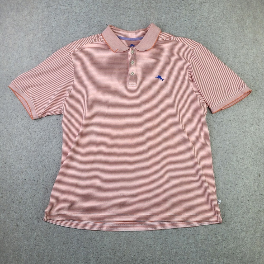 Tommy Bahama Polo Shirt Mens XL‎ Peach Striped Short Sleeve Supima Cotton
